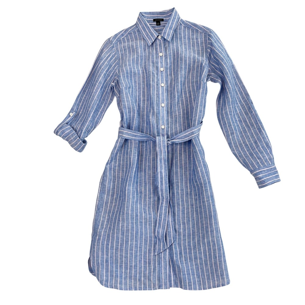 Ann Taylor Blue Striped 100% Linen Shirt Dress Midi Roll Tab Sleeve Size Small